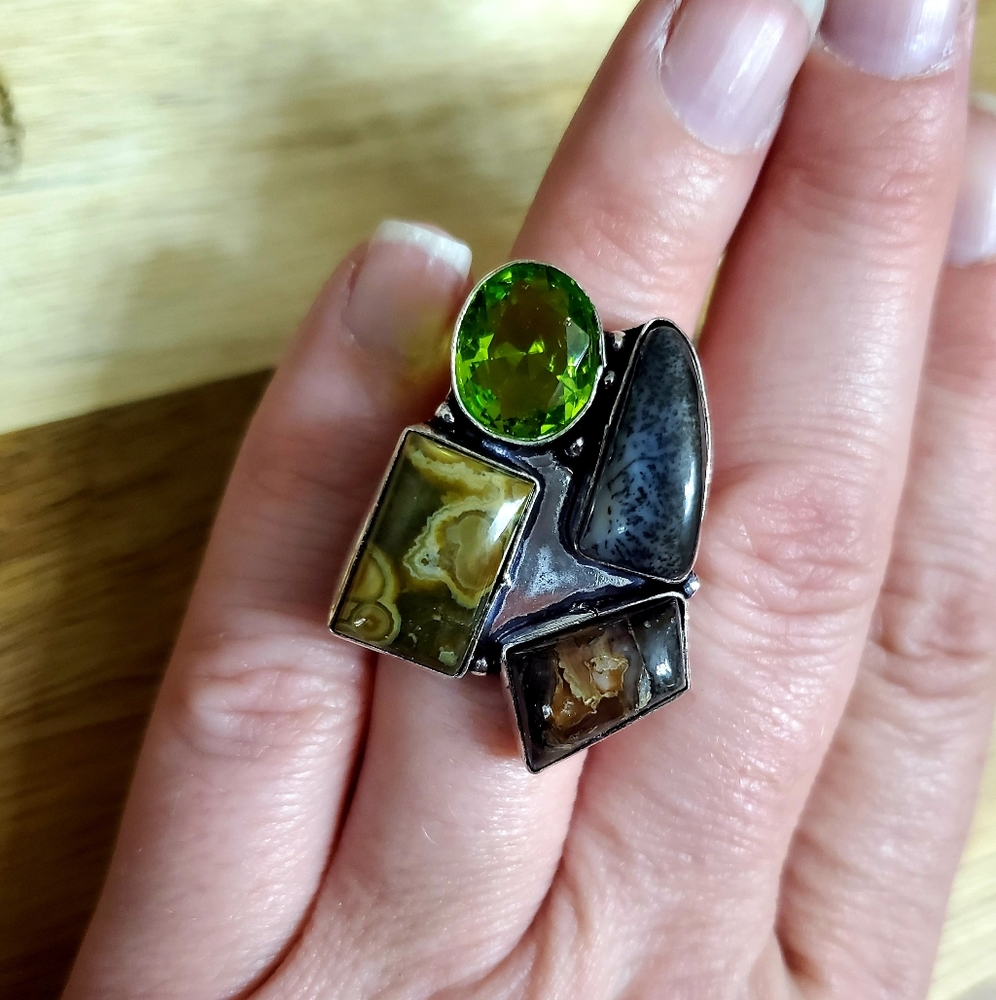 New Ocean Jasper, Dendritic Opal, Peridot 925 Silver Ring.